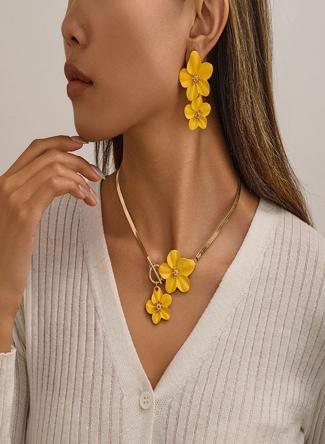 GLMOCM Boho Flower Earrings Necklace Set for Women Gold Flower Pendant Necklace and White flower Statement Earrings Spring Earring Spring Trendy Jewelry Accessories (Yellow) - Image 3